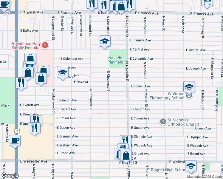 map of restaurants, bars, coffee shops, grocery stores, and more near 807 East North Avenue in Spokane