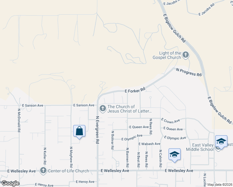 map of restaurants, bars, coffee shops, grocery stores, and more near 5615 East Forker Road in Spokane Valley