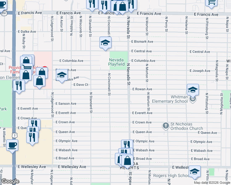map of restaurants, bars, coffee shops, grocery stores, and more near 807 East North Avenue in Spokane