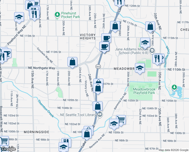 map of restaurants, bars, coffee shops, grocery stores, and more near 10730 24th Avenue Northeast in Seattle