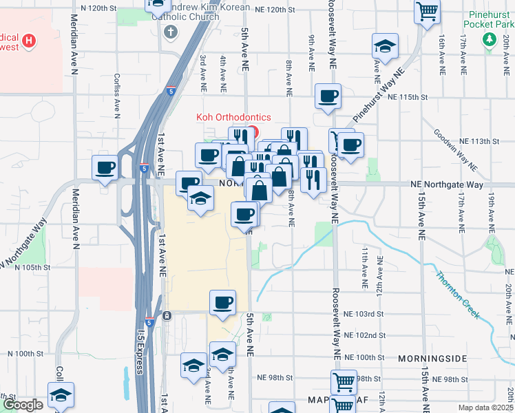 map of restaurants, bars, coffee shops, grocery stores, and more near 10702 5th Avenue Northeast in Seattle