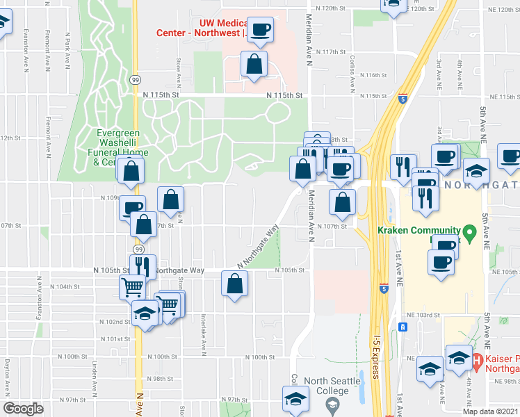 map of restaurants, bars, coffee shops, grocery stores, and more near 10722 Densmore Avenue North in Seattle