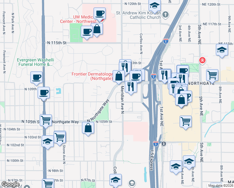 map of restaurants, bars, coffee shops, grocery stores, and more near 10721 Meridian Avenue North in Seattle