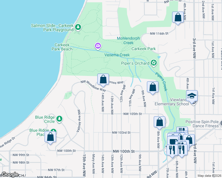 map of restaurants, bars, coffee shops, grocery stores, and more near 1308 Northwest Woodbine Way in Seattle