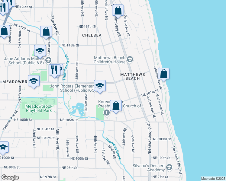 map of restaurants, bars, coffee shops, grocery stores, and more near 4060 Northeast 109th Street in Seattle