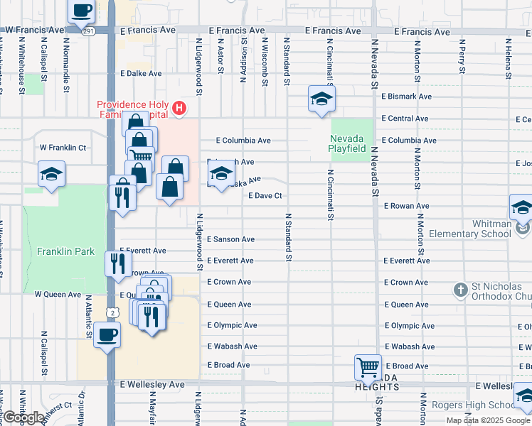 map of restaurants, bars, coffee shops, grocery stores, and more near 533 East North Avenue in Spokane