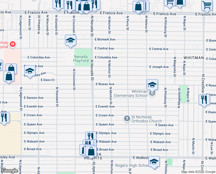 map of restaurants, bars, coffee shops, grocery stores, and more near 1124 East Rowan Avenue in Spokane