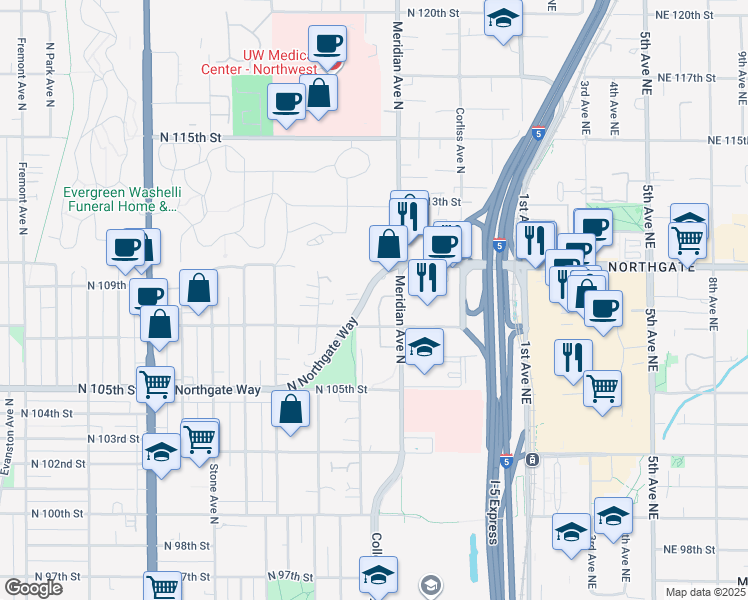 map of restaurants, bars, coffee shops, grocery stores, and more near 1811 North Northgate Way in Seattle