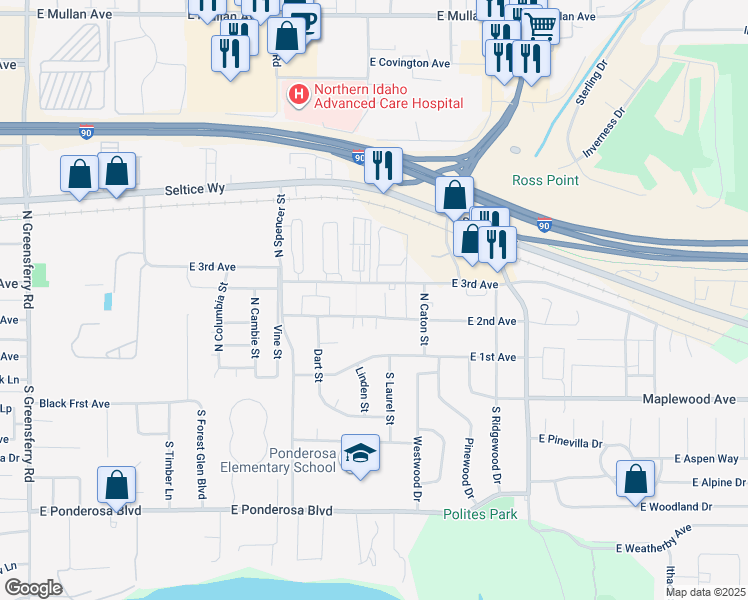 map of restaurants, bars, coffee shops, grocery stores, and more near 3517 East 2nd Avenue in Post Falls