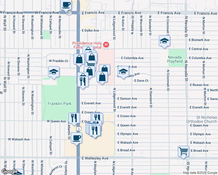 map of restaurants, bars, coffee shops, grocery stores, and more near 212 E Rowan Ave in Spokane