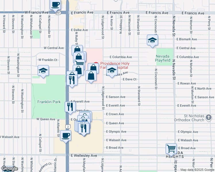 map of restaurants, bars, coffee shops, grocery stores, and more near 318 East Rowan Avenue in Spokane