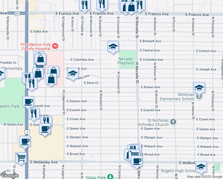 map of restaurants, bars, coffee shops, grocery stores, and more near 710 East Rowan Avenue in Spokane