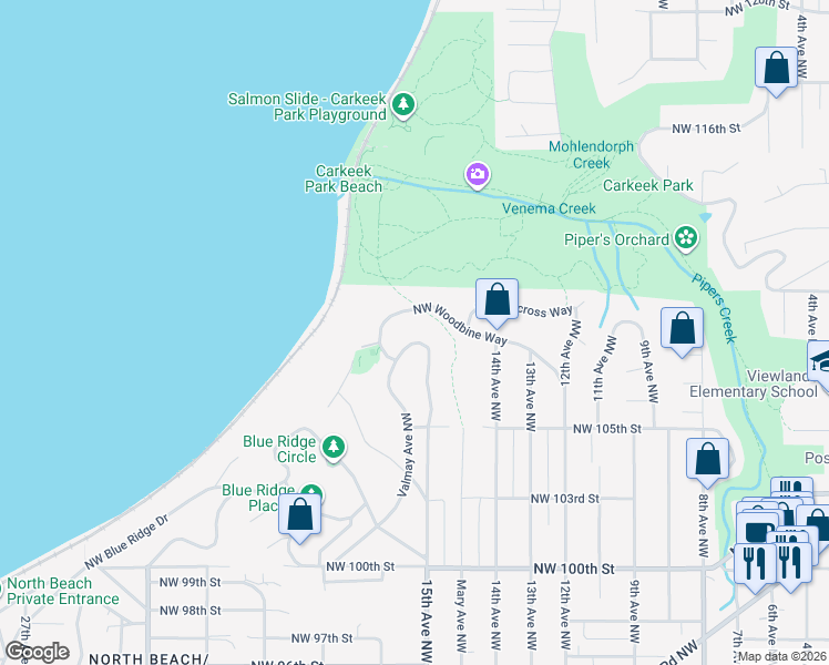 map of restaurants, bars, coffee shops, grocery stores, and more near 10821 Valmay Avenue Northwest in Seattle