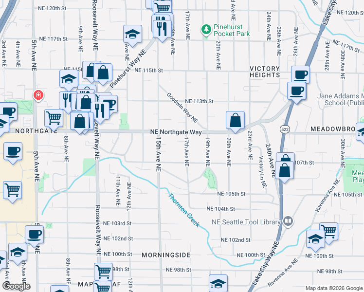 map of restaurants, bars, coffee shops, grocery stores, and more near 10733 17th Avenue Northeast in Seattle