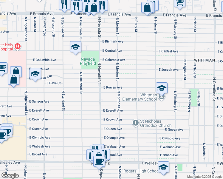 map of restaurants, bars, coffee shops, grocery stores, and more near 1124 East Rowan Avenue in Spokane