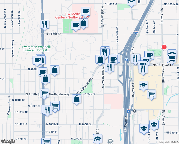 map of restaurants, bars, coffee shops, grocery stores, and more near 10722 Densmore Avenue North in Seattle