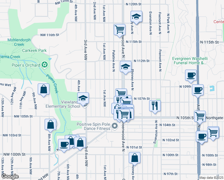 map of restaurants, bars, coffee shops, grocery stores, and more near 10722 Palatine Avenue North in Seattle