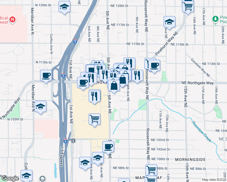 map of restaurants, bars, coffee shops, grocery stores, and more near 10702 5th Avenue Northeast in Seattle