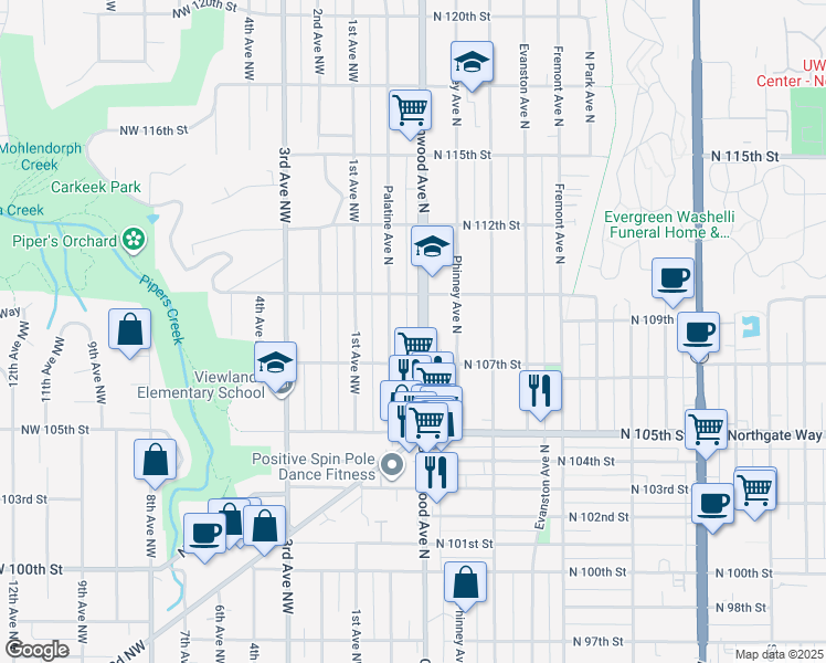 map of restaurants, bars, coffee shops, grocery stores, and more near 10725 Greenwood Avenue North in Seattle