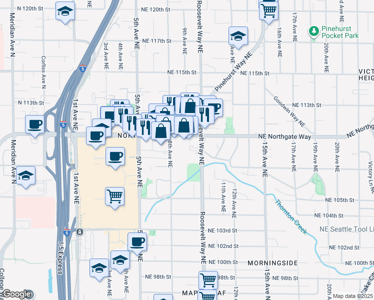 map of restaurants, bars, coffee shops, grocery stores, and more near 825 Northeast Northgate Way in Seattle