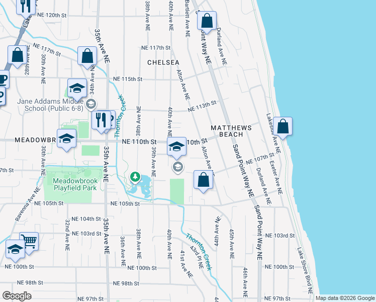 map of restaurants, bars, coffee shops, grocery stores, and more near 4030 Northeast 109th Street in Seattle