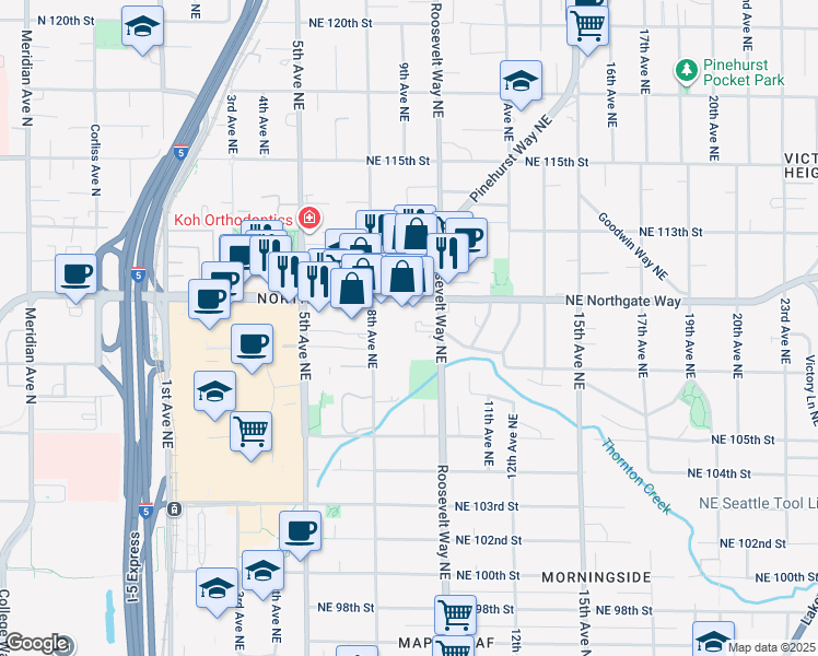 map of restaurants, bars, coffee shops, grocery stores, and more near 825 Northeast Northgate Way in Seattle