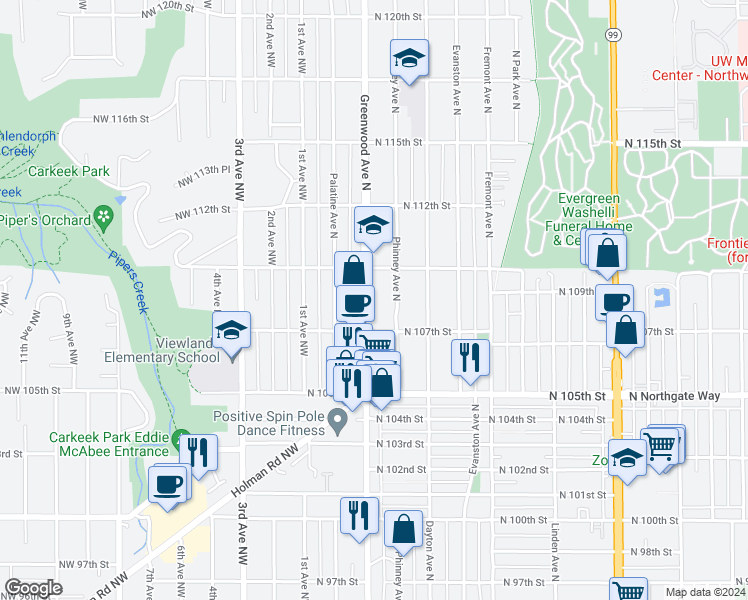 map of restaurants, bars, coffee shops, grocery stores, and more near 10730 Greenwood Avenue North in Seattle