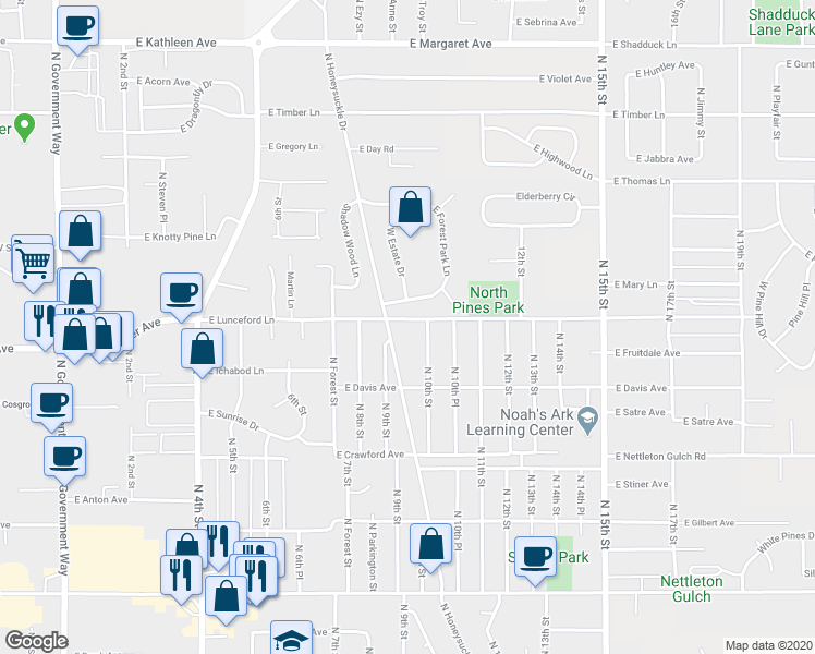 map of restaurants, bars, coffee shops, grocery stores, and more near 3232 North Honeysuckle Drive in Coeur d'Alene