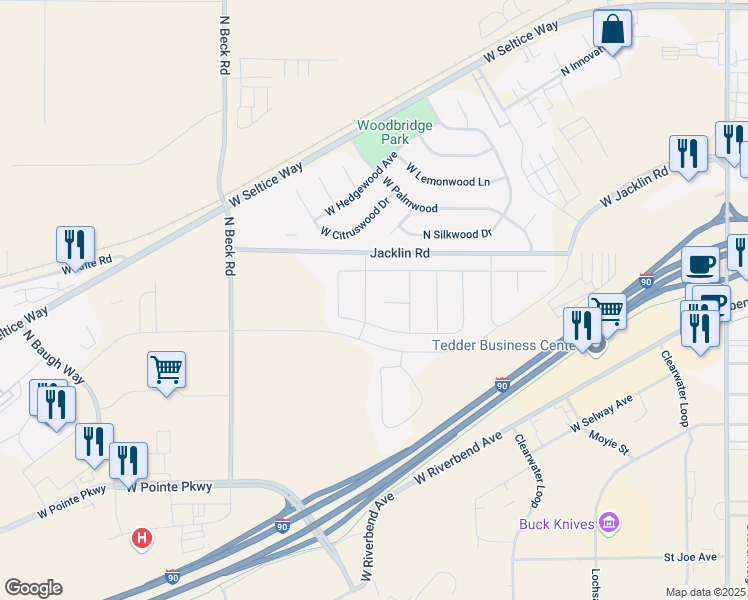 map of restaurants, bars, coffee shops, grocery stores, and more near 5797 West Gumwood Circle in Post Falls