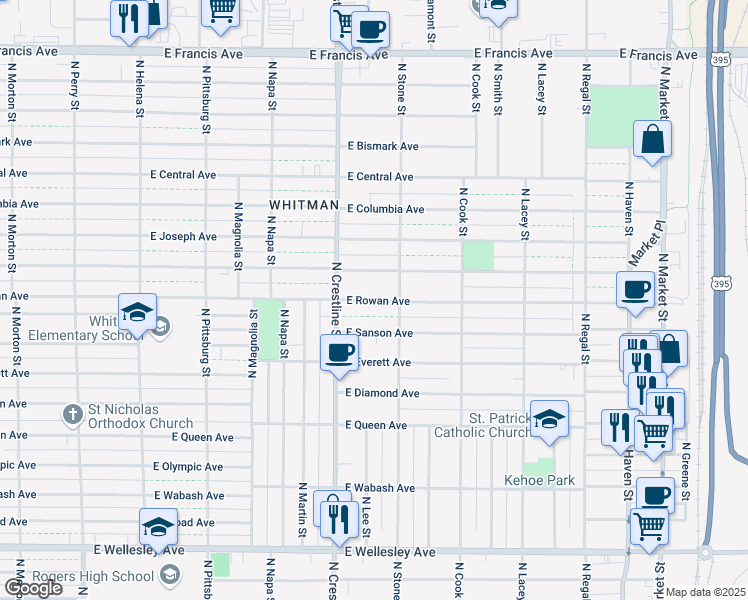 map of restaurants, bars, coffee shops, grocery stores, and more near 2224 East Rowan Avenue in Spokane