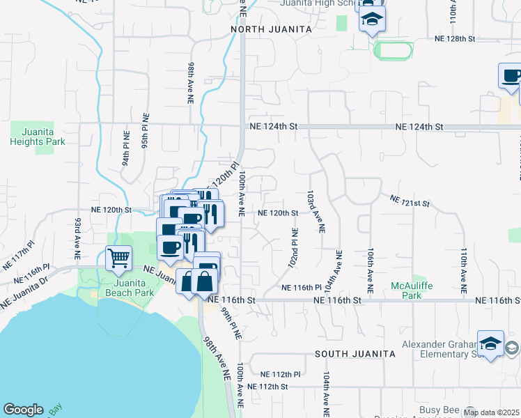 map of restaurants, bars, coffee shops, grocery stores, and more near 10023 Northeast 120th Street in Kirkland