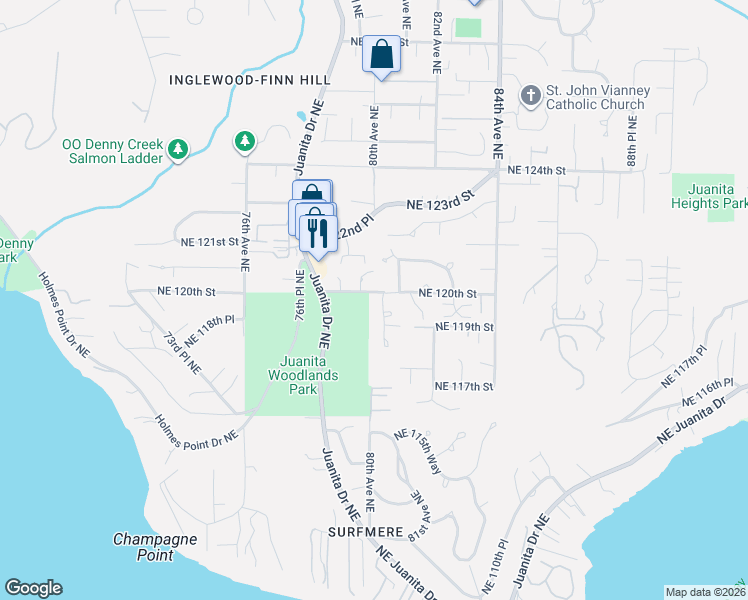 map of restaurants, bars, coffee shops, grocery stores, and more near 11939 80th Place Northeast in Kirkland