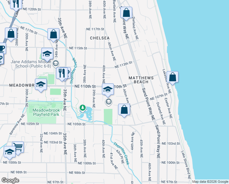 map of restaurants, bars, coffee shops, grocery stores, and more near 4030 Northeast 109th Street in Seattle