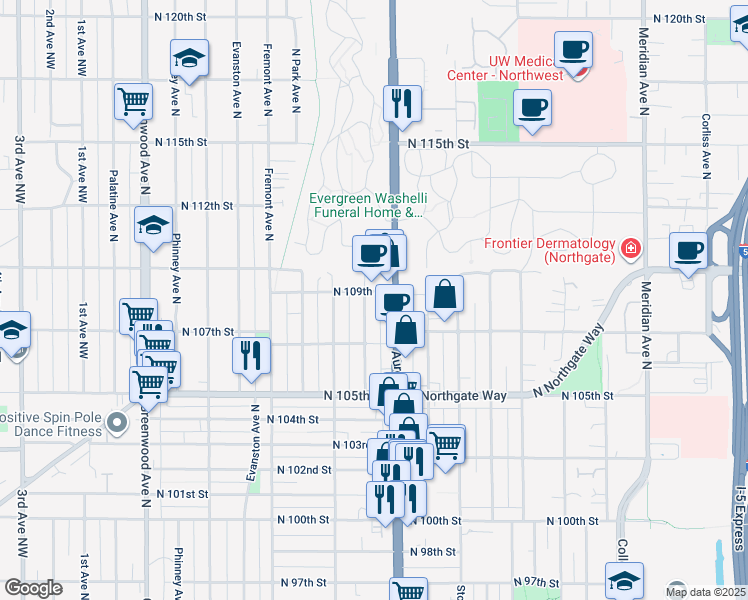 map of restaurants, bars, coffee shops, grocery stores, and more near 10730 Whitman Avenue North in Seattle