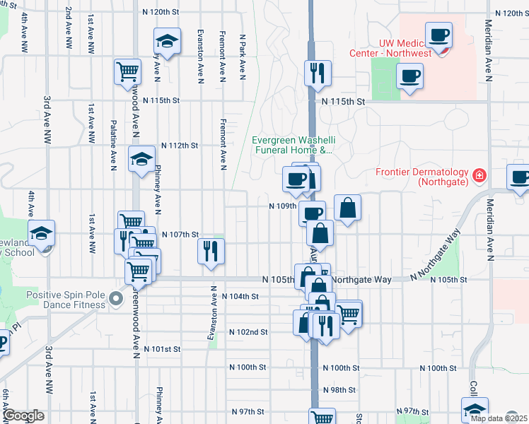 map of restaurants, bars, coffee shops, grocery stores, and more near 10735 Linden Avenue North in Seattle