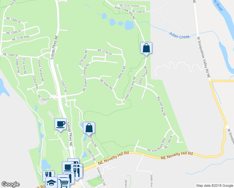 map of restaurants, bars, coffee shops, grocery stores, and more near 24036 Northeast Adair Road in Redmond