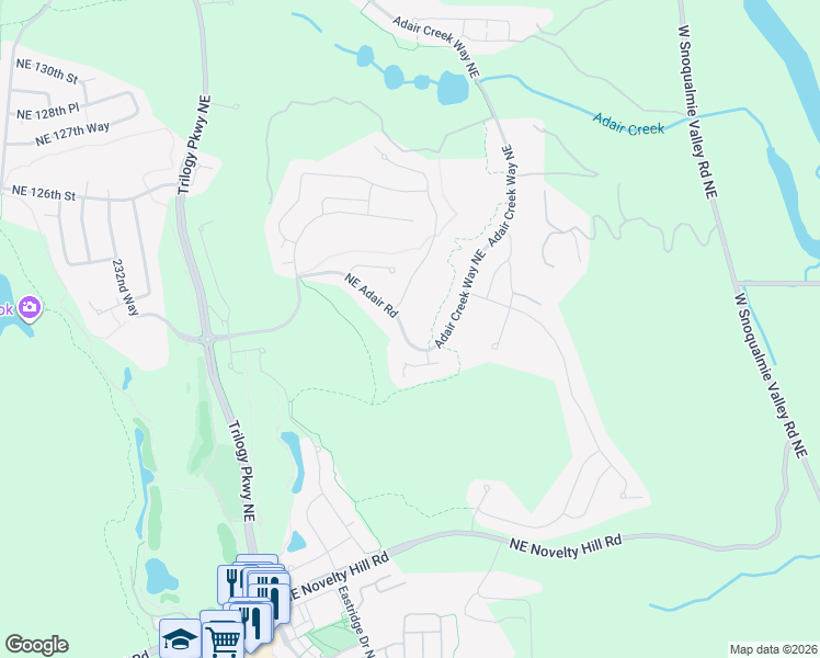 map of restaurants, bars, coffee shops, grocery stores, and more near 24043 Northeast Adair Road in Redmond