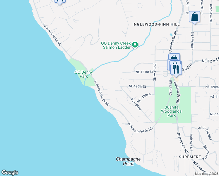 map of restaurants, bars, coffee shops, grocery stores, and more near 7128 Northeast 119th Place in Kirkland