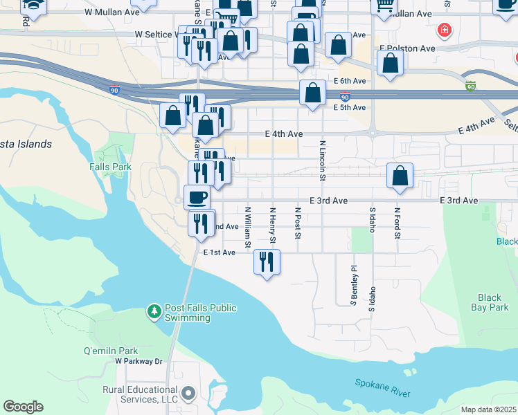 map of restaurants, bars, coffee shops, grocery stores, and more near 311 East 2nd Avenue in Post Falls