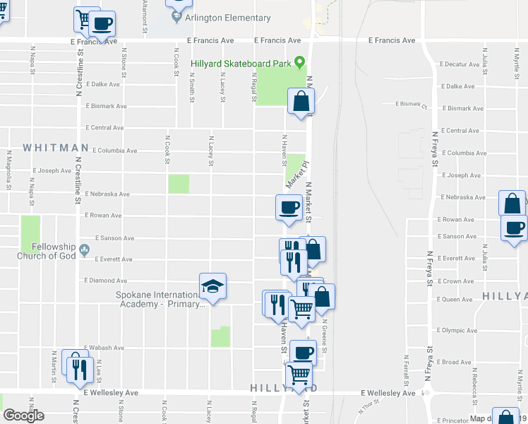 map of restaurants, bars, coffee shops, grocery stores, and more near 2914 East Rowan Avenue in Spokane