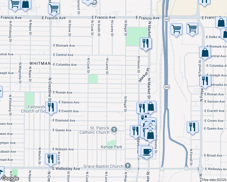 map of restaurants, bars, coffee shops, grocery stores, and more near 2704 East Rowan Avenue in Spokane