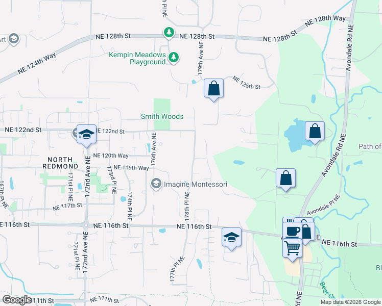 map of restaurants, bars, coffee shops, grocery stores, and more near 17805 Northeast 120th Way in Redmond