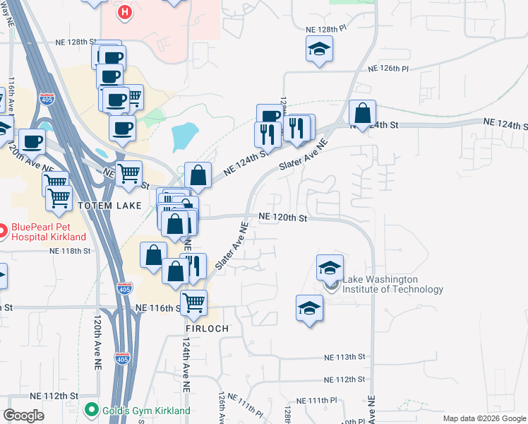 map of restaurants, bars, coffee shops, grocery stores, and more near 12715 Northeast 120th Street in Kirkland