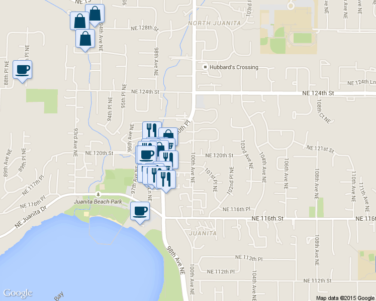 map of restaurants, bars, coffee shops, grocery stores, and more near 11929 100th Avenue Northeast in Kirkland
