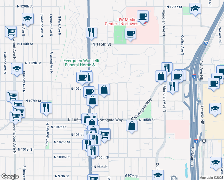 map of restaurants, bars, coffee shops, grocery stores, and more near in Seattle