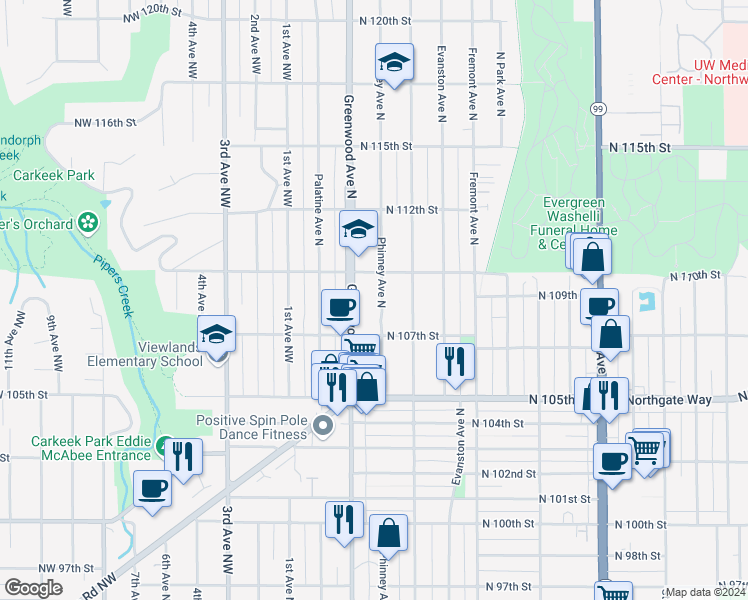 map of restaurants, bars, coffee shops, grocery stores, and more near 10718 Greenwood Avenue North in Seattle