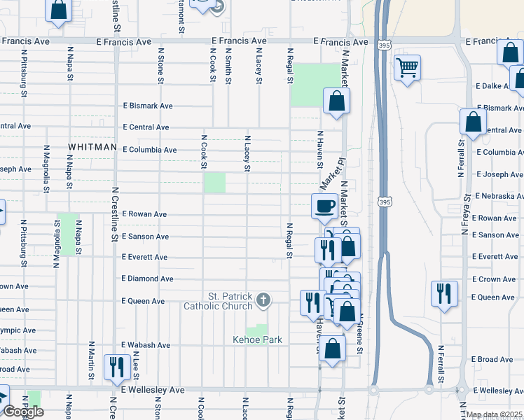 map of restaurants, bars, coffee shops, grocery stores, and more near 2704 East Rowan Avenue in Spokane