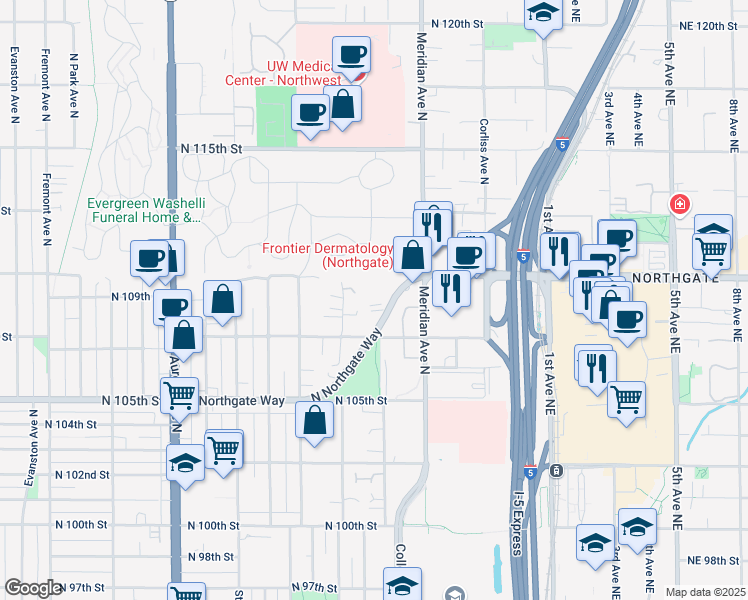 map of restaurants, bars, coffee shops, grocery stores, and more near 1811 North Northgate Way in Seattle