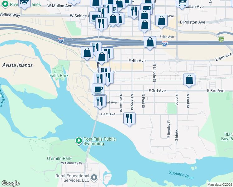 map of restaurants, bars, coffee shops, grocery stores, and more near 214 East 3rd Avenue in Post Falls