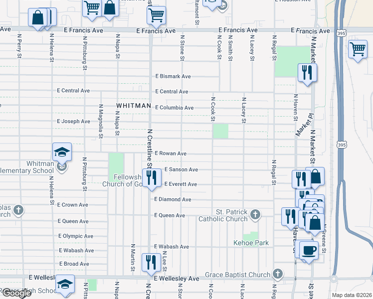 map of restaurants, bars, coffee shops, grocery stores, and more near 2324 East Rowan Avenue in Spokane